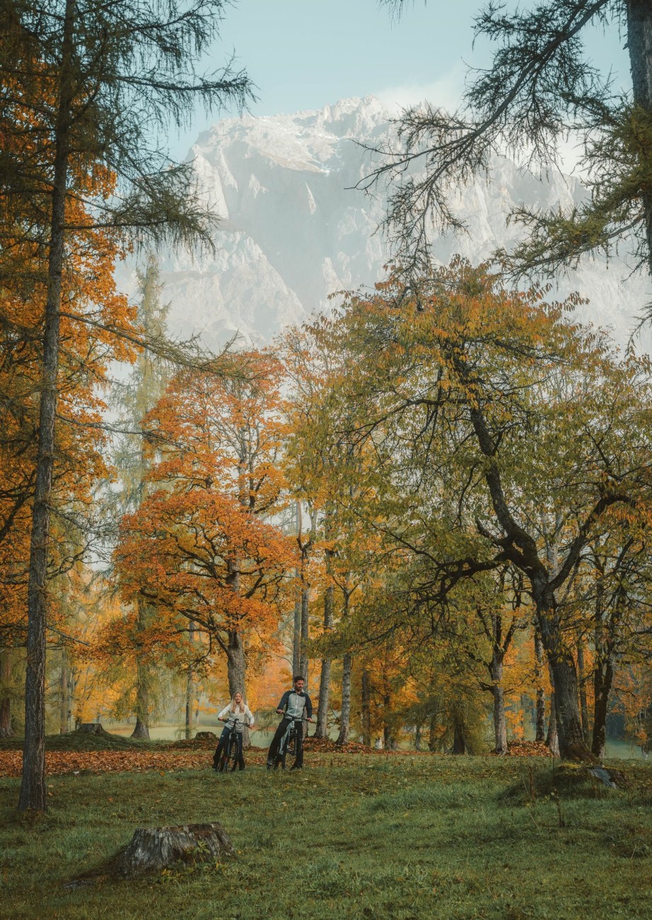 Wanderer rasten im herbstlichen Wald der Region Schladming-Dachstein