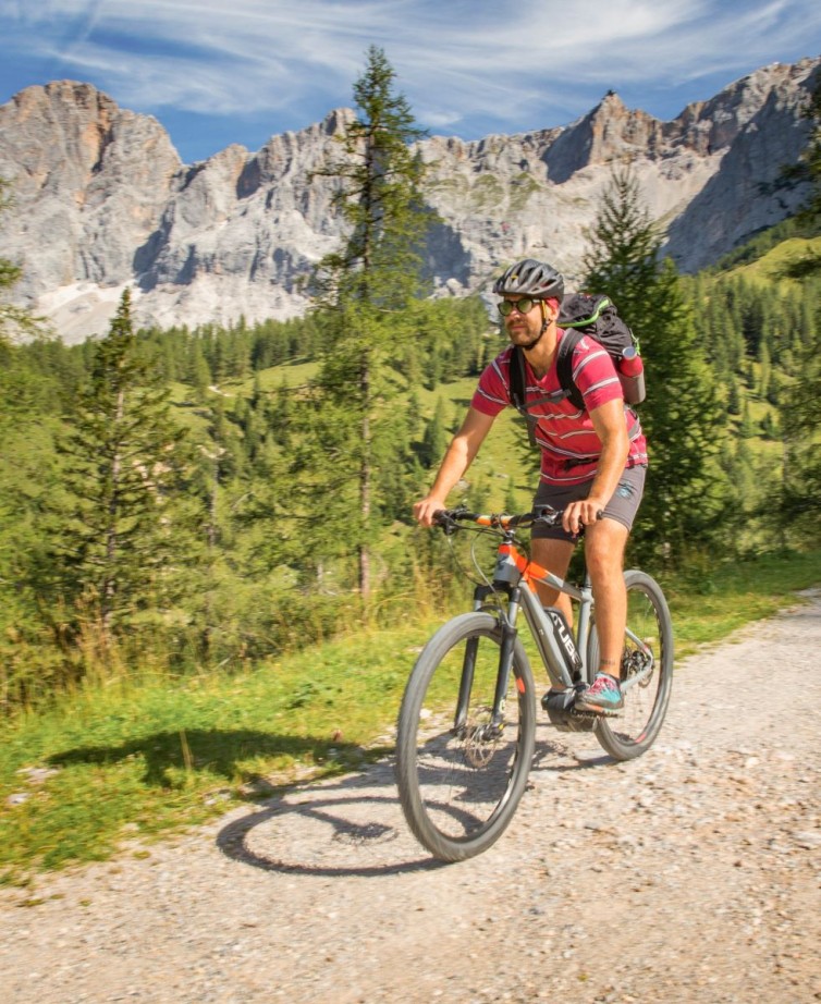 Mountain biker enjoys panorama on Schladming bike route