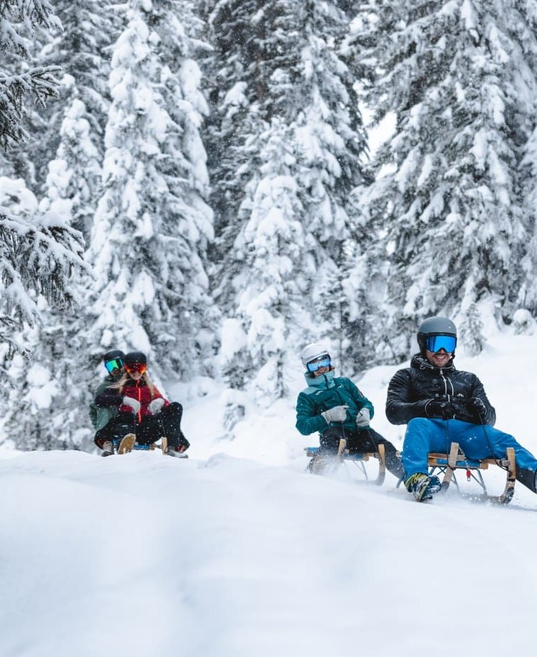 Family enjoys a happy toboggan ride in the snowy forest